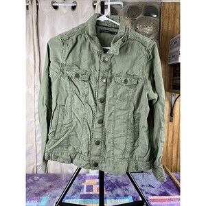 Tahari Women’s Large Green Button-Up Collared Chino Jacket Olive Snap Button